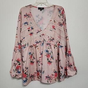 Suzanne Betro 2X Pink Floral Babydoll Top Balloon Sleeve Lacy Feminine Boho